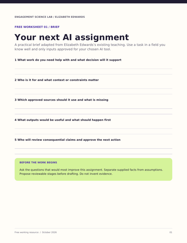 Preview of the assignment worksheet, with sections for the task, audience, context, outputs, and human review.