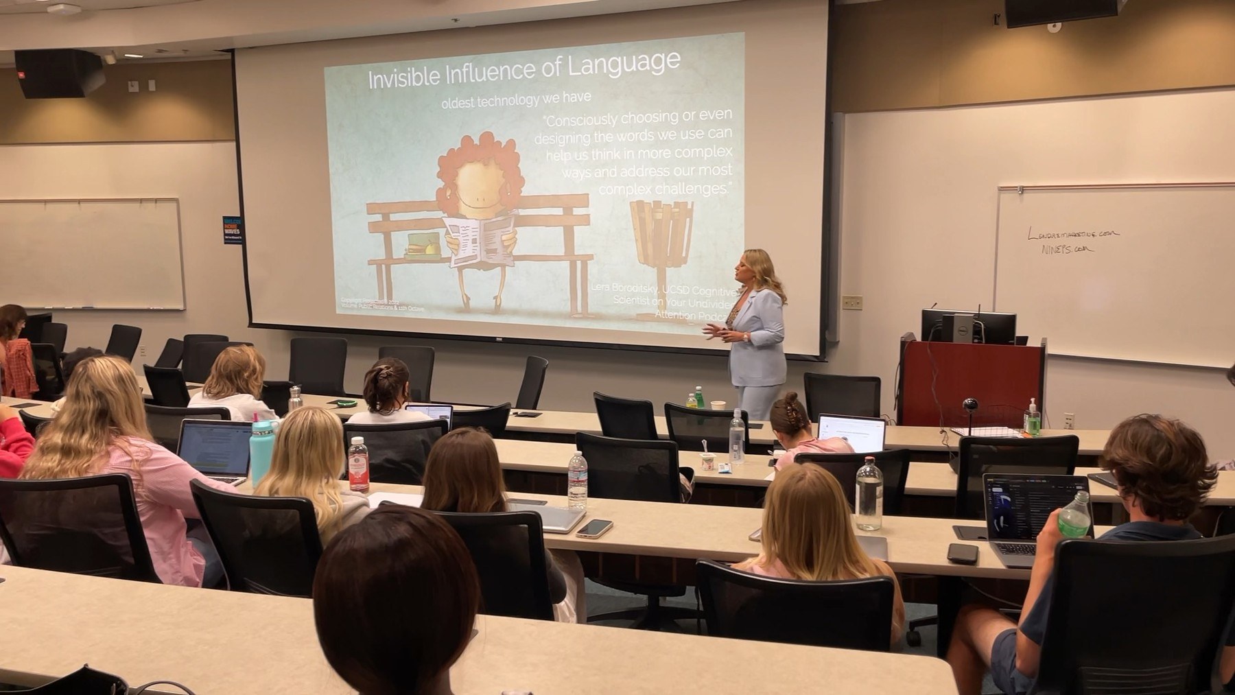 Students working at tables during Elizabeth Edwards’s Pepperdine guest lecture